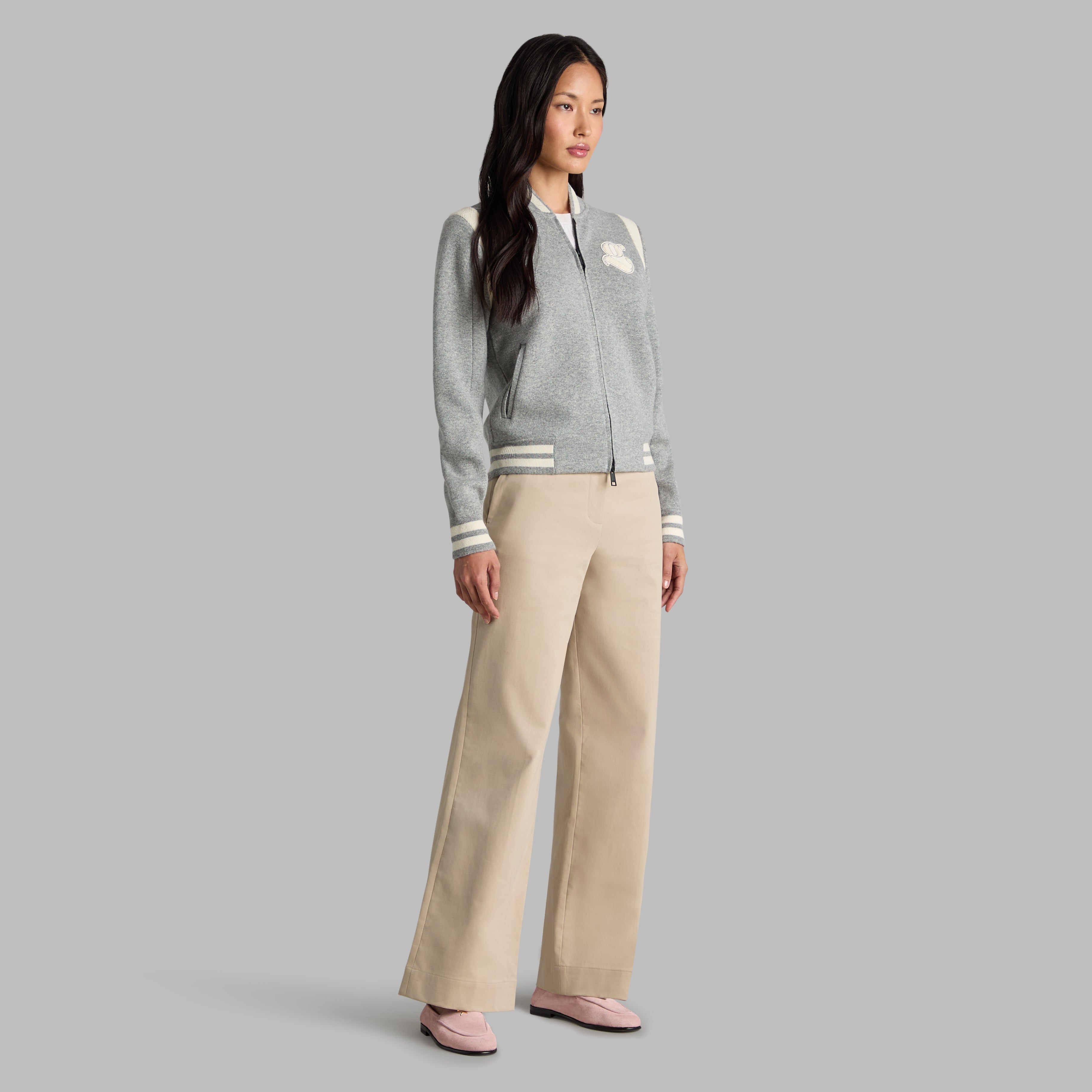 Contrast Stripe Knit Bomber Jacket MELANGE GREY