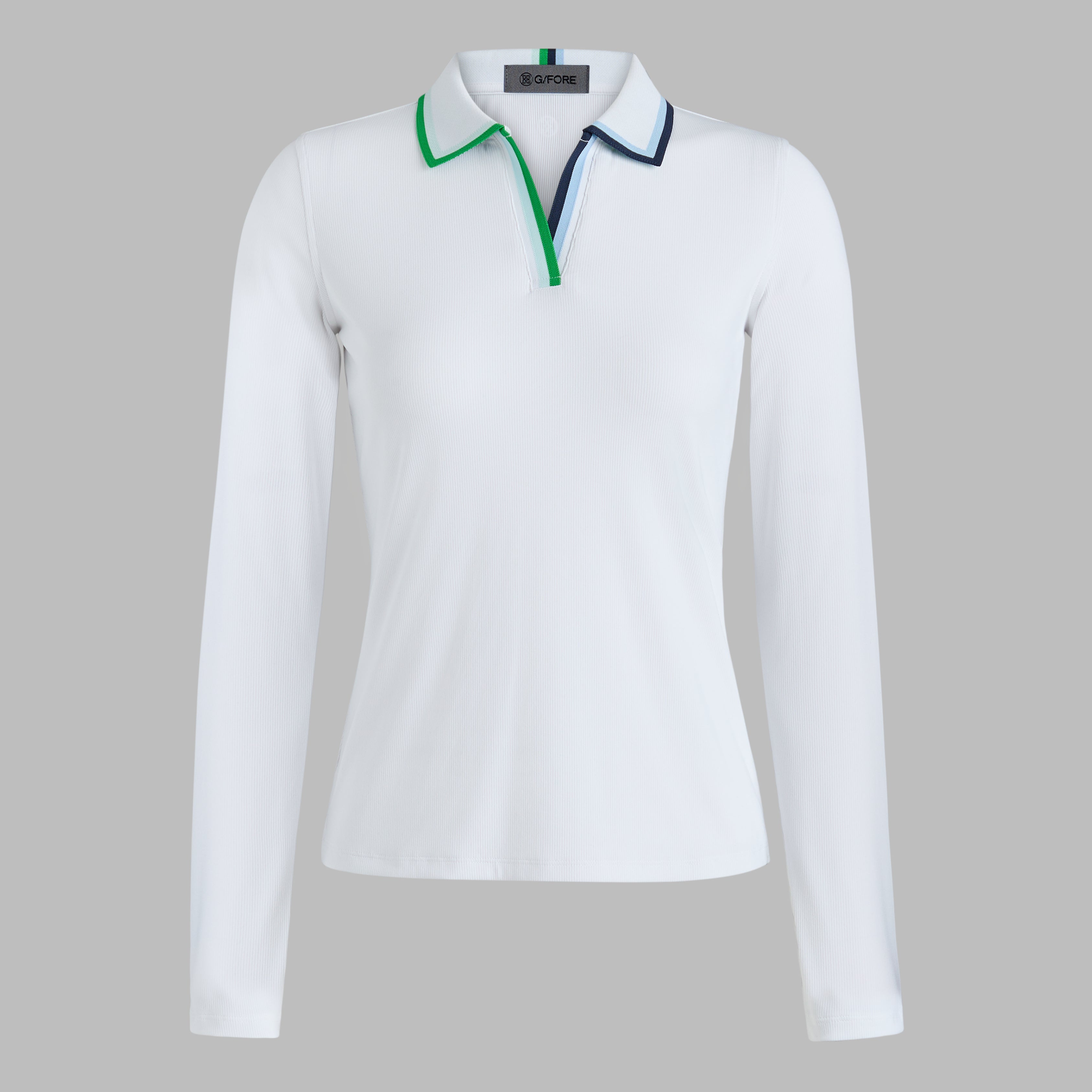 CONTRAST JOHNNY COLLAR TECH NYLON RIB LONG SLEEVE POLO SNOW/CLOVER