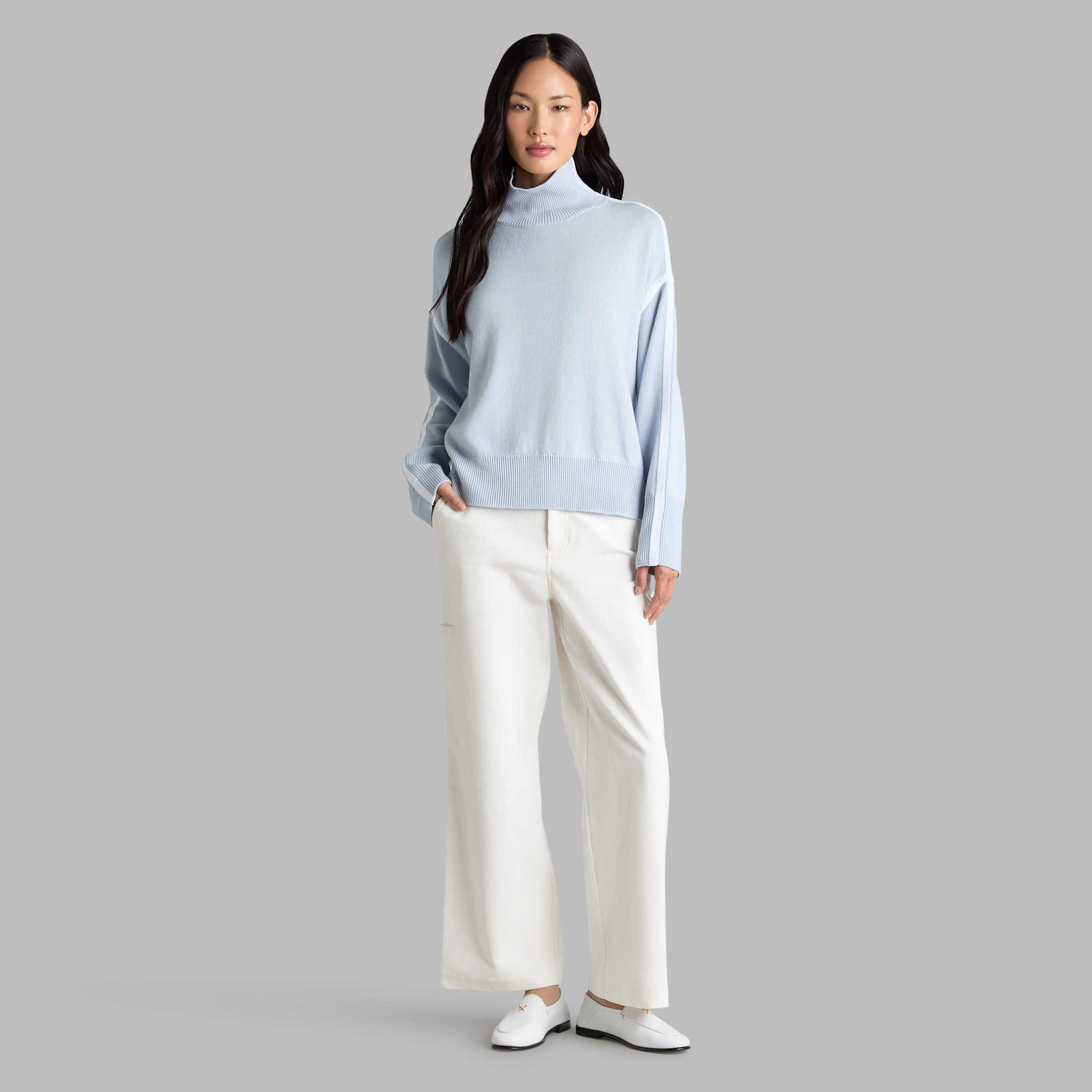 Merino Wool Contrast Stripe Turtleneck Sweater Baja/Snow