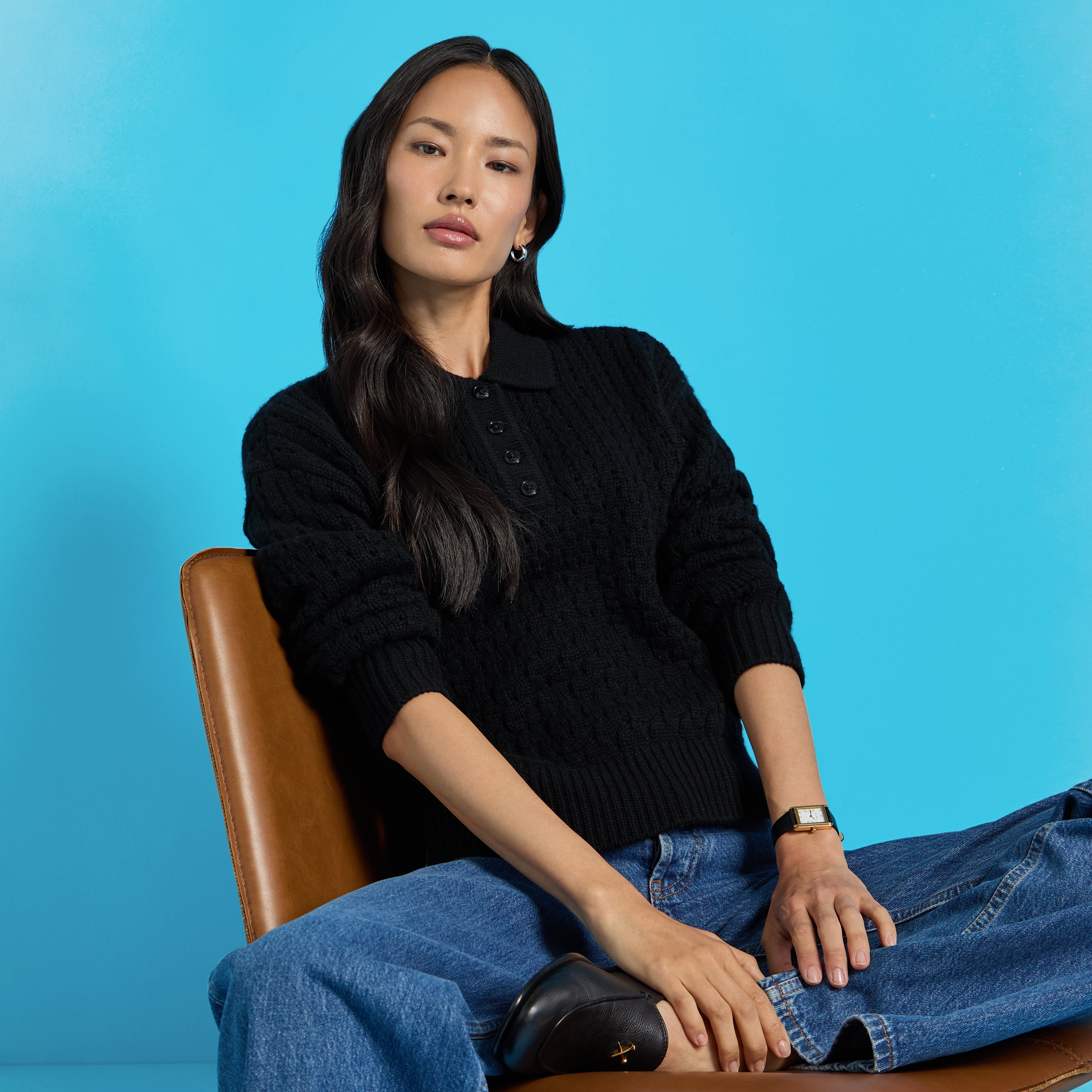 Open Knit Wool Cashmere Polo ONYX