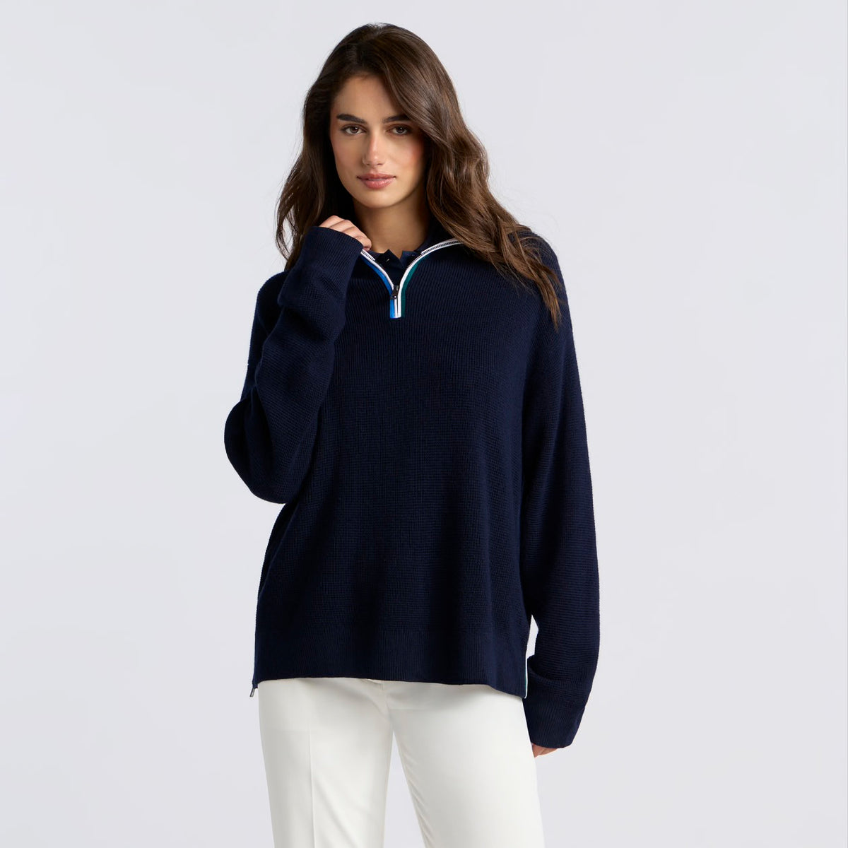 Waffle Knit Merino Wool 1/4 Zip Sweater Twilight