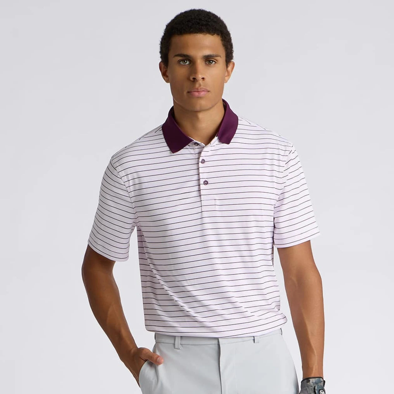 HERRINGBONE STRIPE TECH JERSEY POLO BLUSH/DARK PLUM