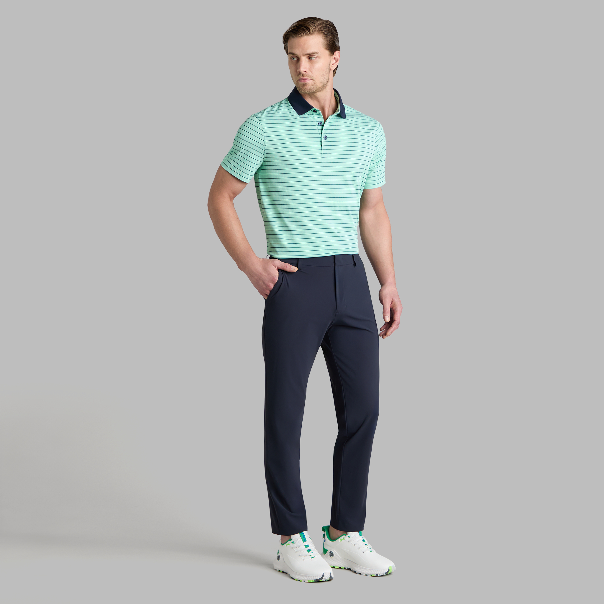 HERRINGBONE STRIPE TECH JERSEY POLO SNOW/CLOVER