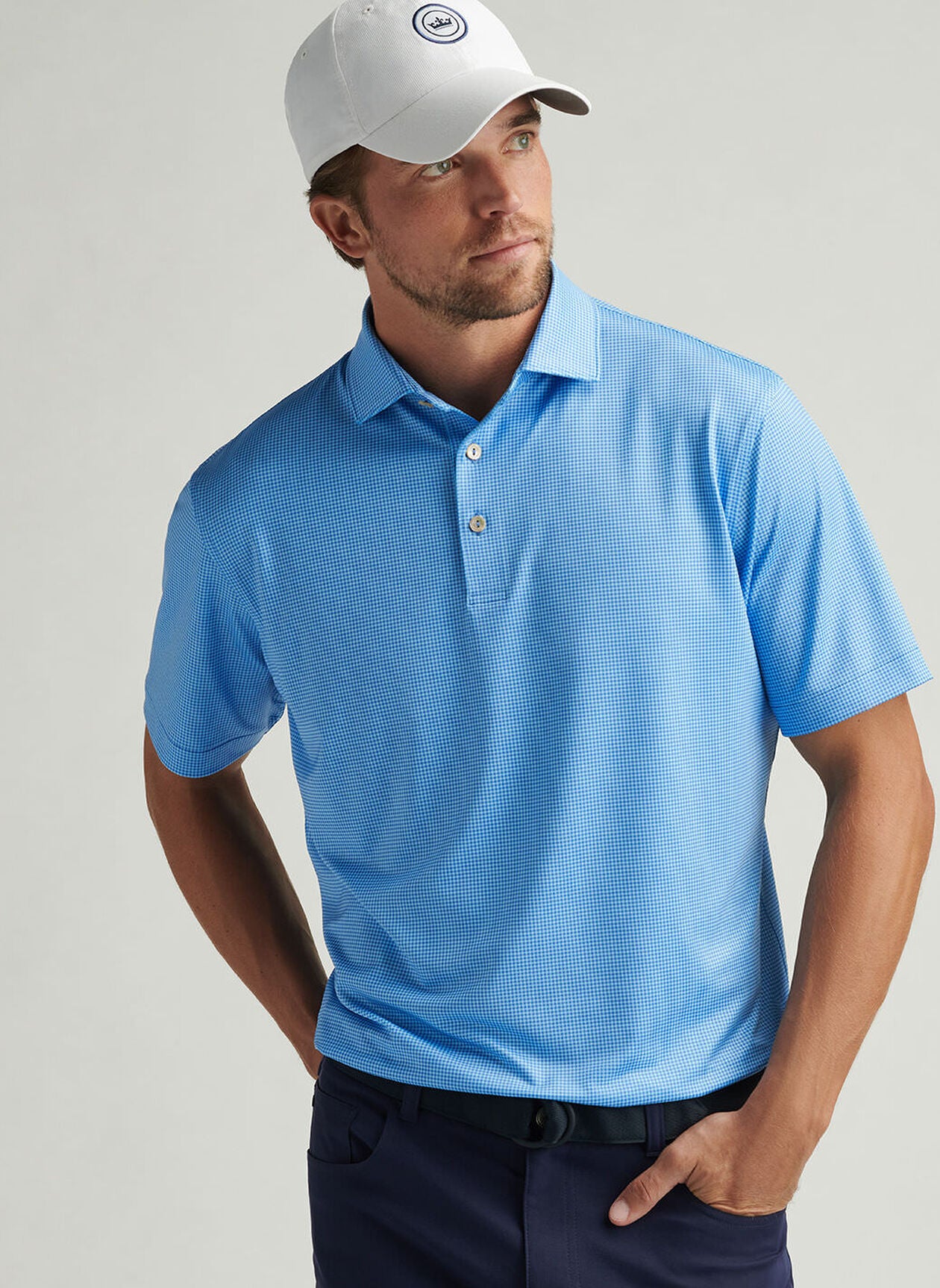 GINGHAM PERFORMANCE JERSEY POLO BLUE SEA