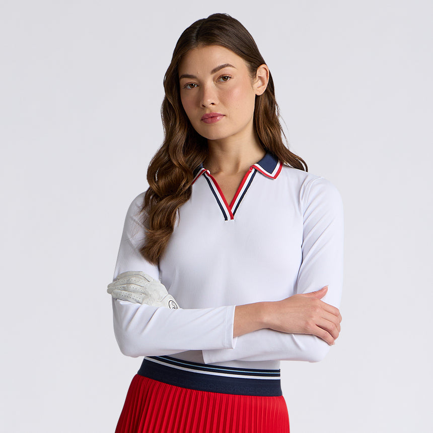 CONTRAST JOHNNY COLLAR TECH NYLON RIB LONG SLEEVE POLO LAVA