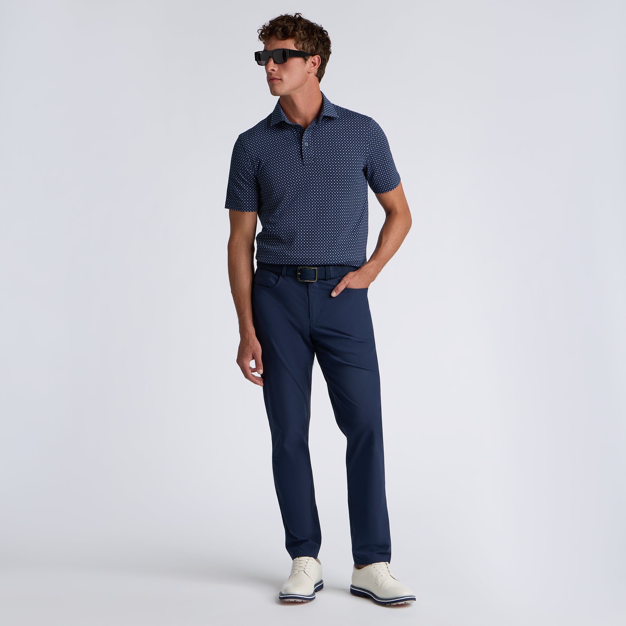 ALL PLAY FOULARD GEO STRETCH KNIT POLO TWILIGHT/SNOW