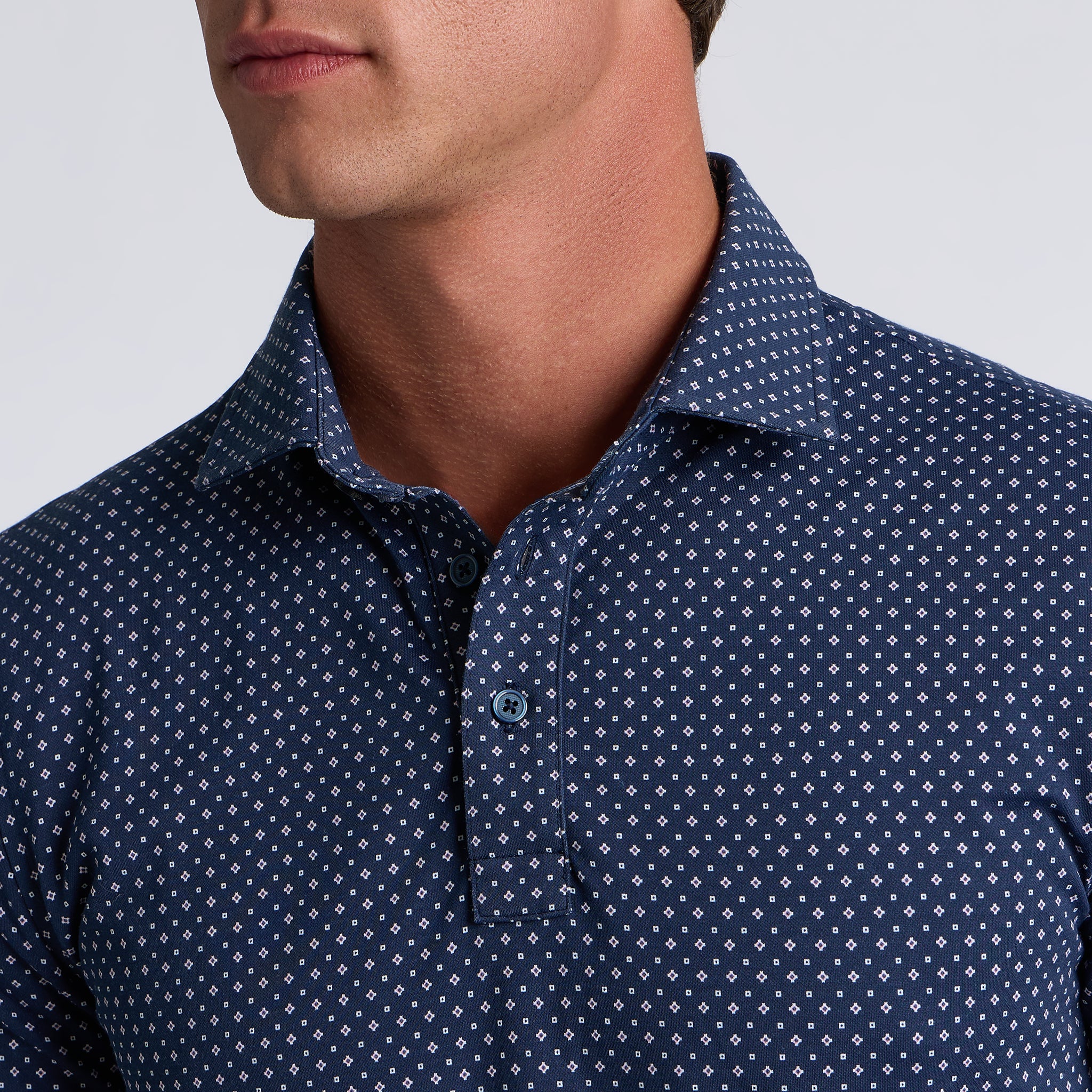 ALL PLAY FOULARD GEO STRETCH KNIT POLO TWILIGHT/SNOW