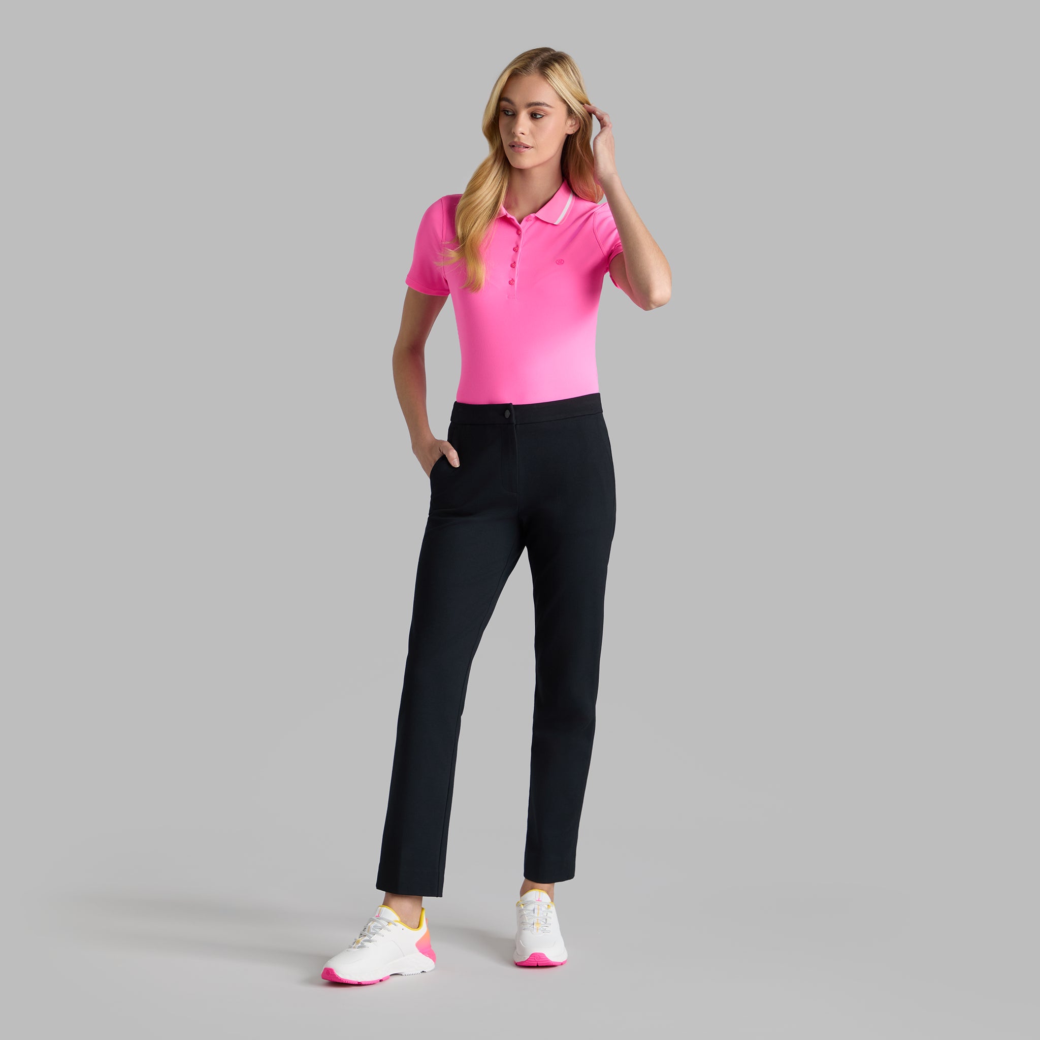CONTRAST COLLAR RIBBED TECH NYLON POLO KNOCKOUT PINK