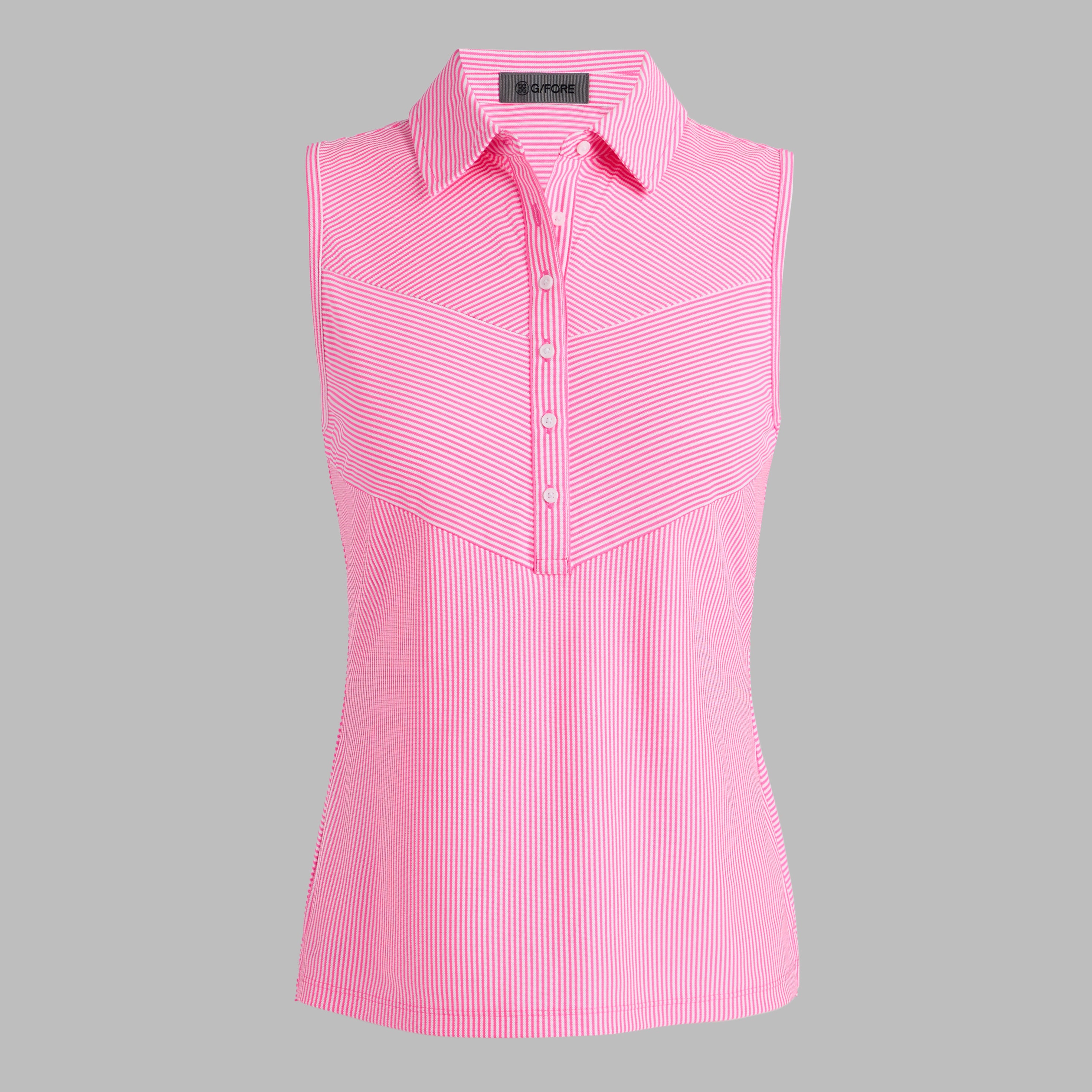PANELED STRIPE TECH PIQUÉ SLEEVELESS POLO KNOCKOUT PINK