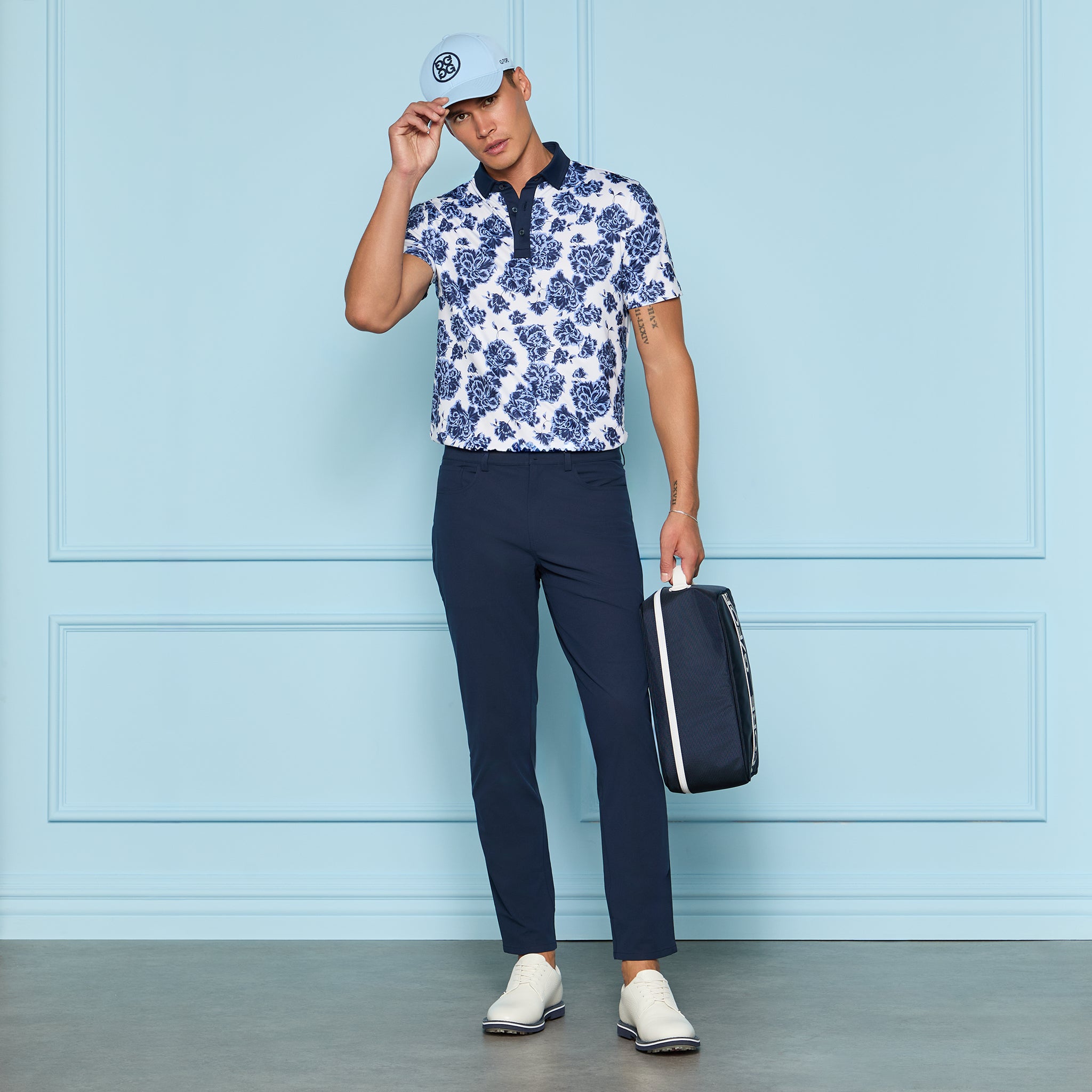STAMPED FLORAL TECH JERSEY POLO WILLOW