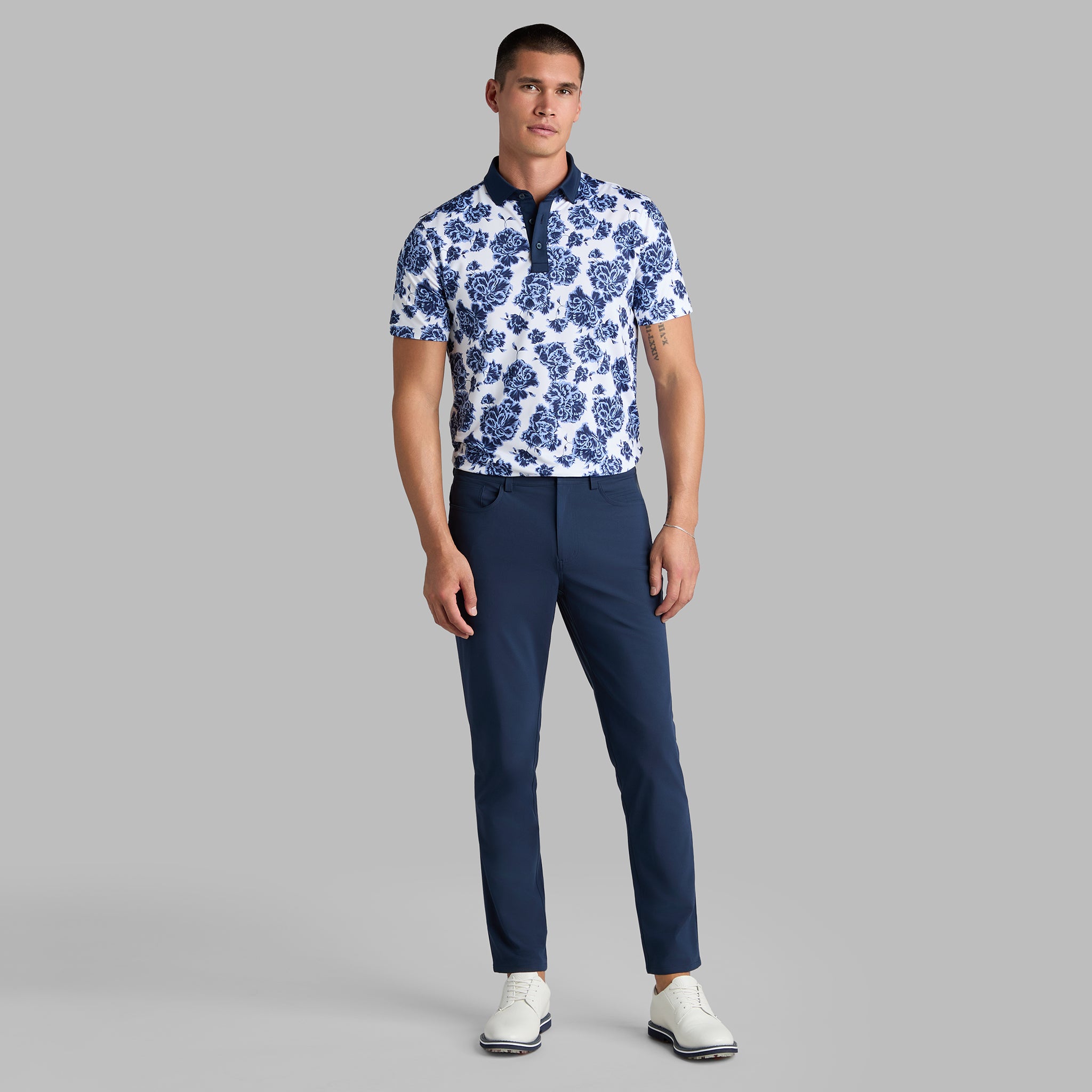 STAMPED FLORAL TECH JERSEY POLO WILLOW