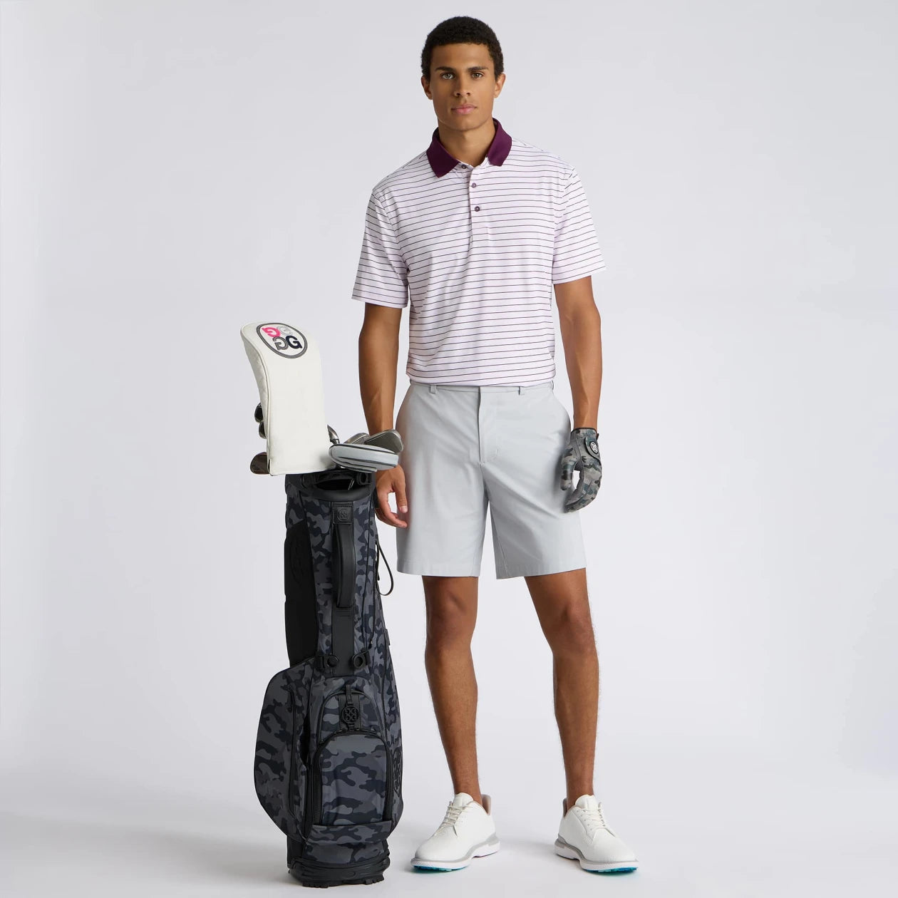 HERRINGBONE STRIPE TECH JERSEY POLO  BLUSH/DARK PLUM