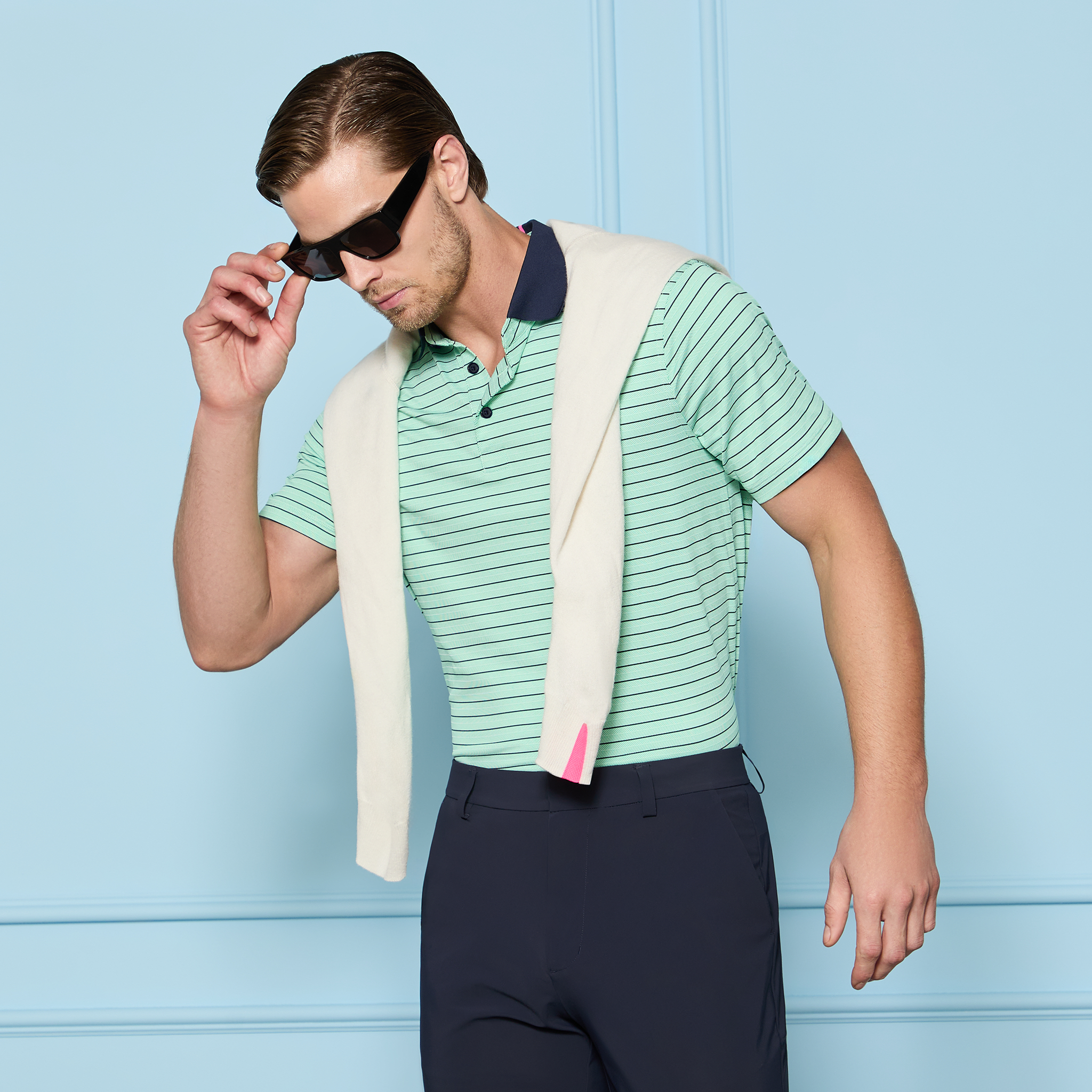 HERRINGBONE STRIPE TECH JERSEY POLO SNOW/CLOVER