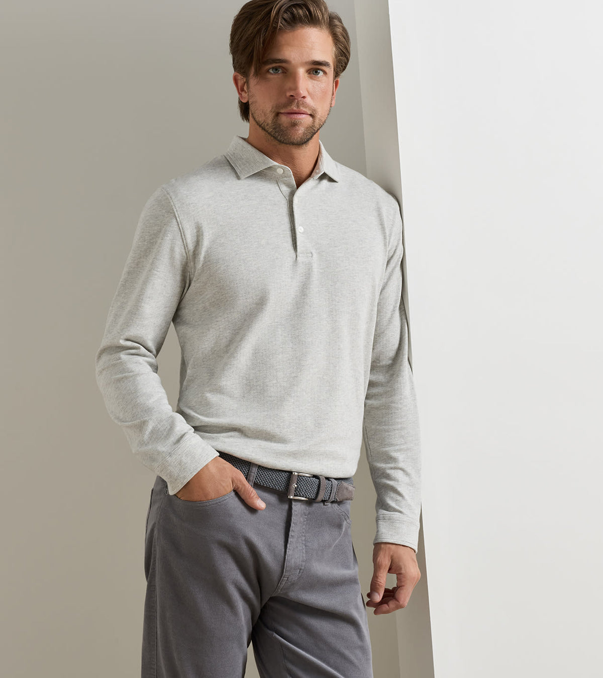 Herringbone Long Sleeve Polo Gale Grey