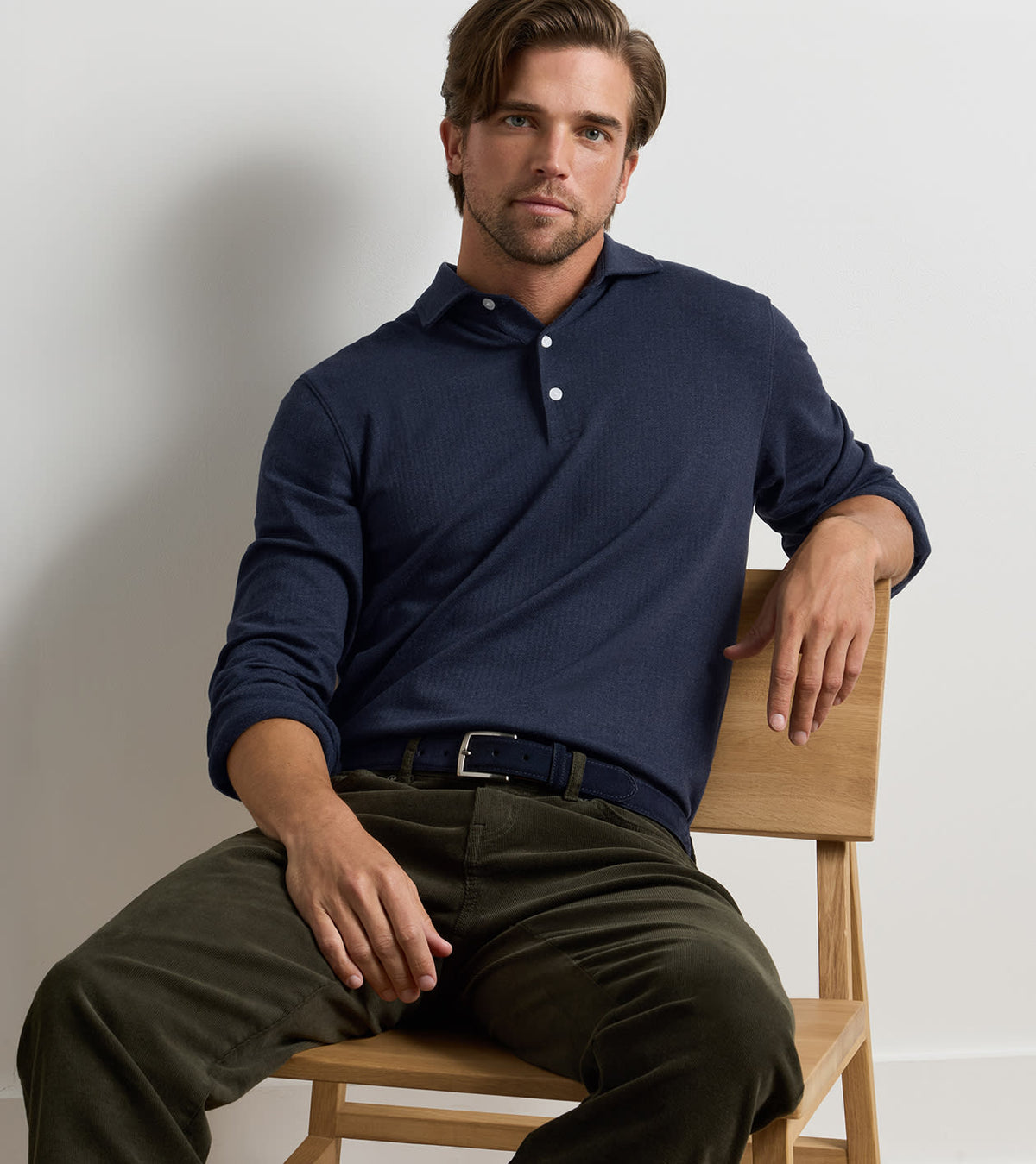 Herringbone Long Sleeve Polo Navy